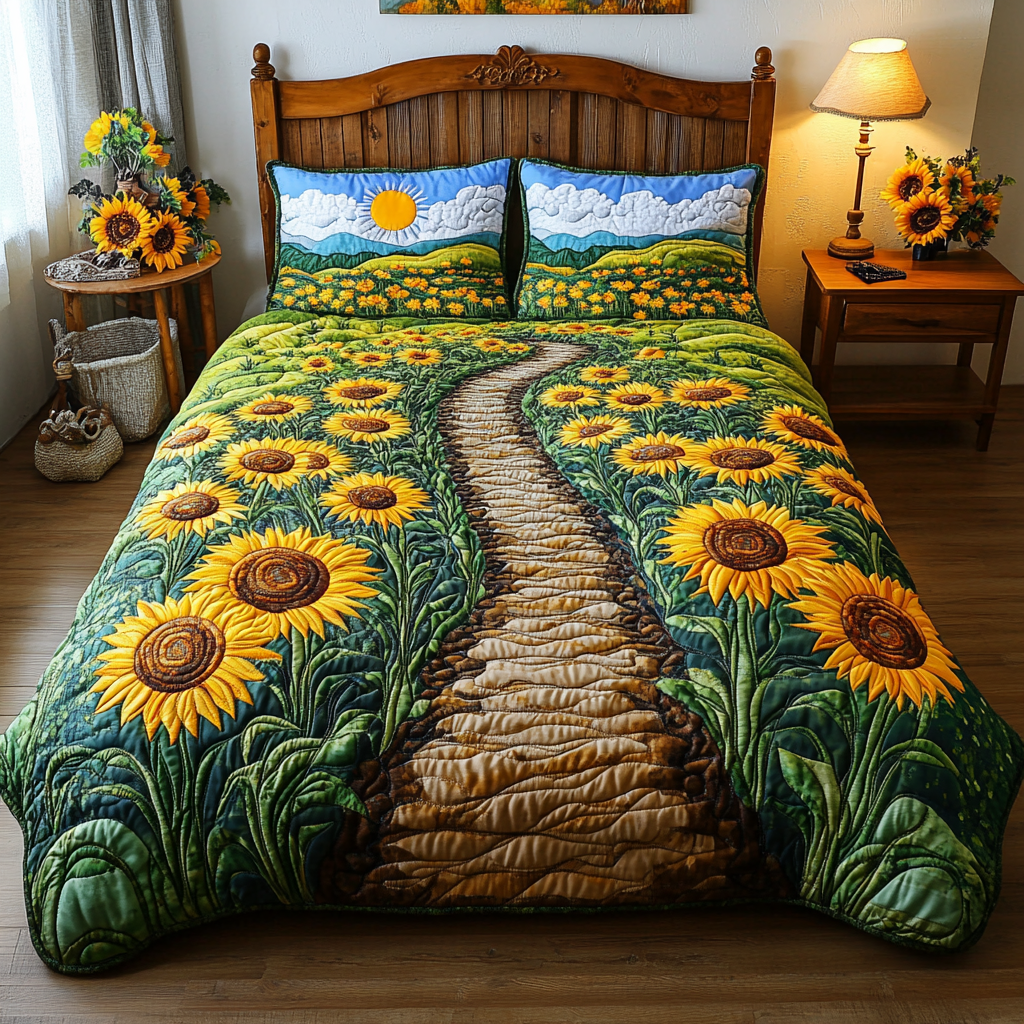 Golden Bloom Quilted Bedding Set Holiday Duvet Cover Set Sunflower Gifts For Her