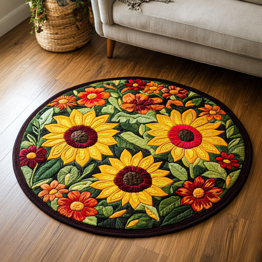Golden Bloom Quilted Round Mat Christmas Decor For Entryway Gifts For Sunflower Lovers