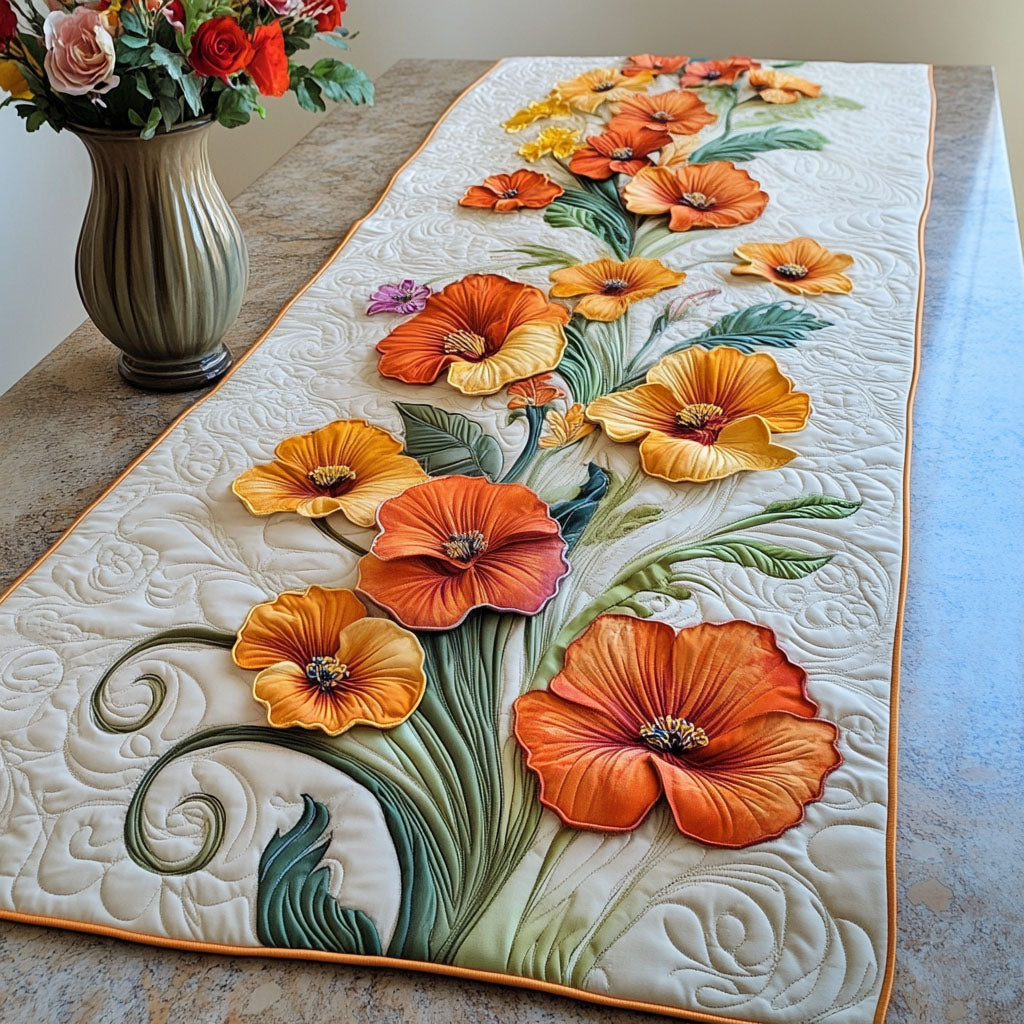 Golden Bloom Trail Quilted Table Runner Elegant Holiday Decor Presents For Flower Lovers