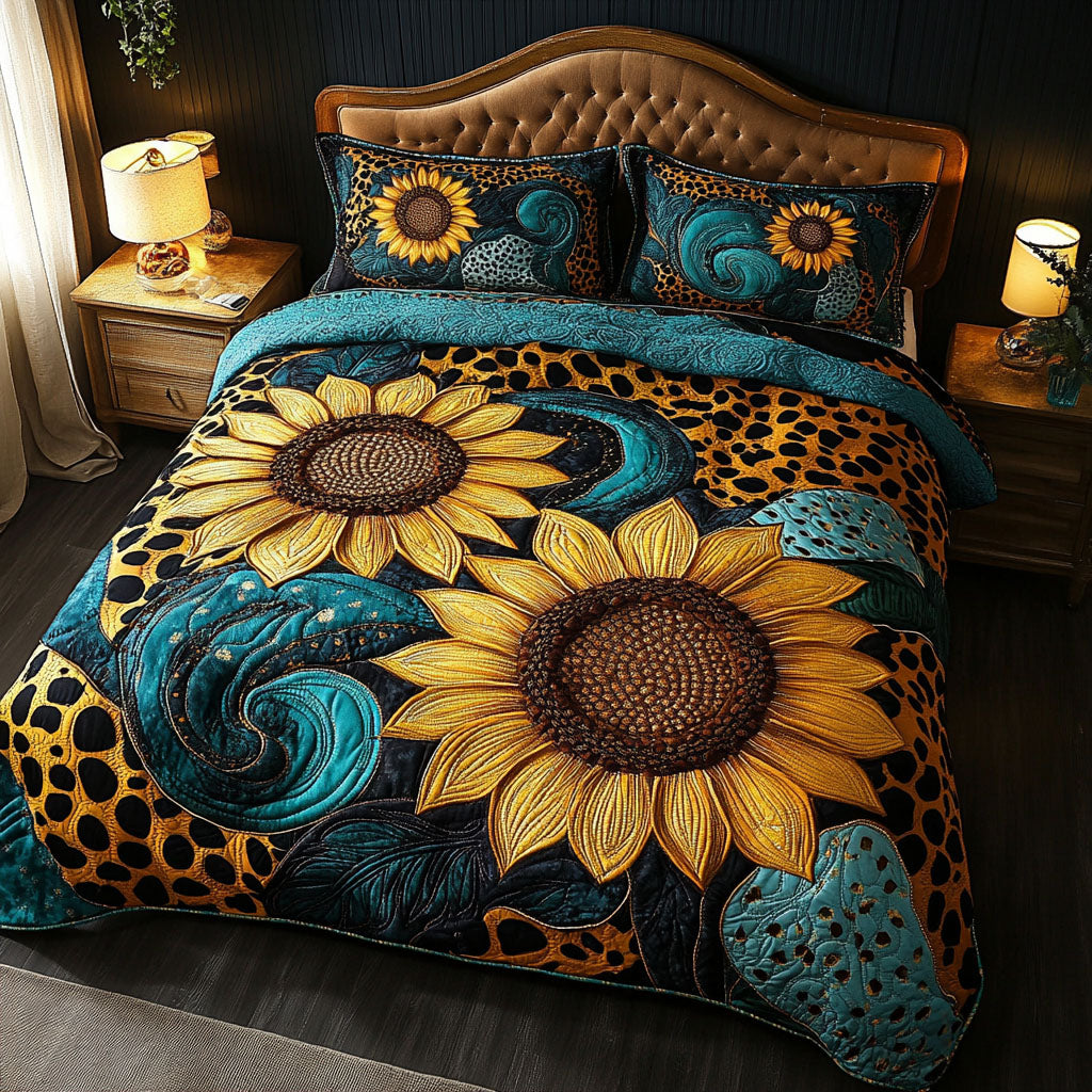 Golden Blooms Quilted Bedding Set Holiday Duvet Cover Set Sunflower Gifts For Her