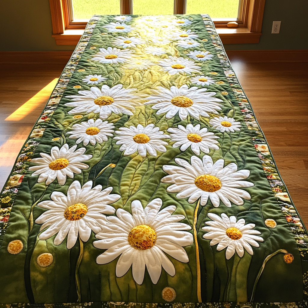 Golden Blooms Quilted Table Runner Dining Table Decor Ideas Flower Daisy Themed Gifts