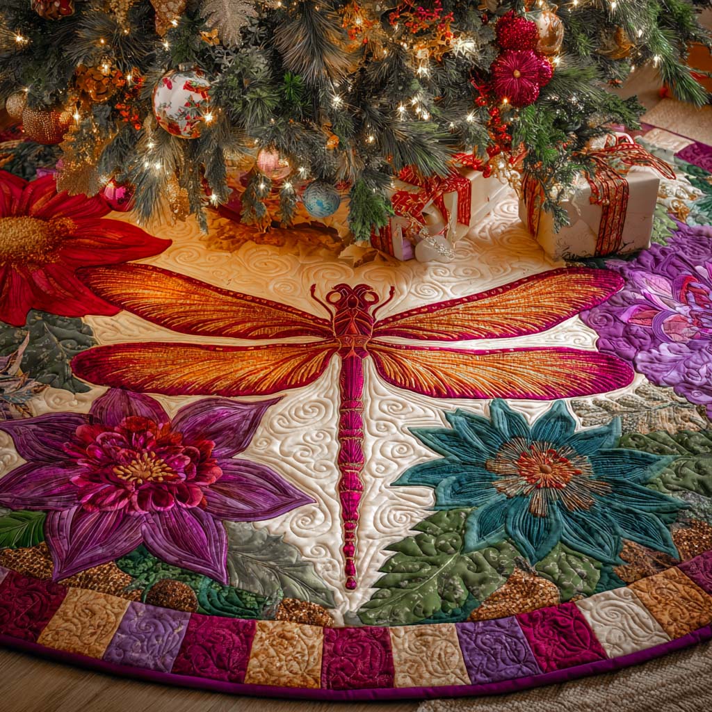 Golden Blossom Harmony Quilted Tree Skirt Xmas Tree Base Cover Dragonfly Christmas Gifts
