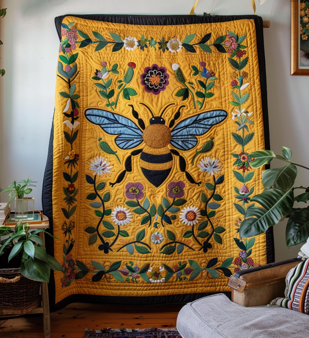 Golden Bumblebee Art Quilted Blanket Cute Fuzzy Blankets