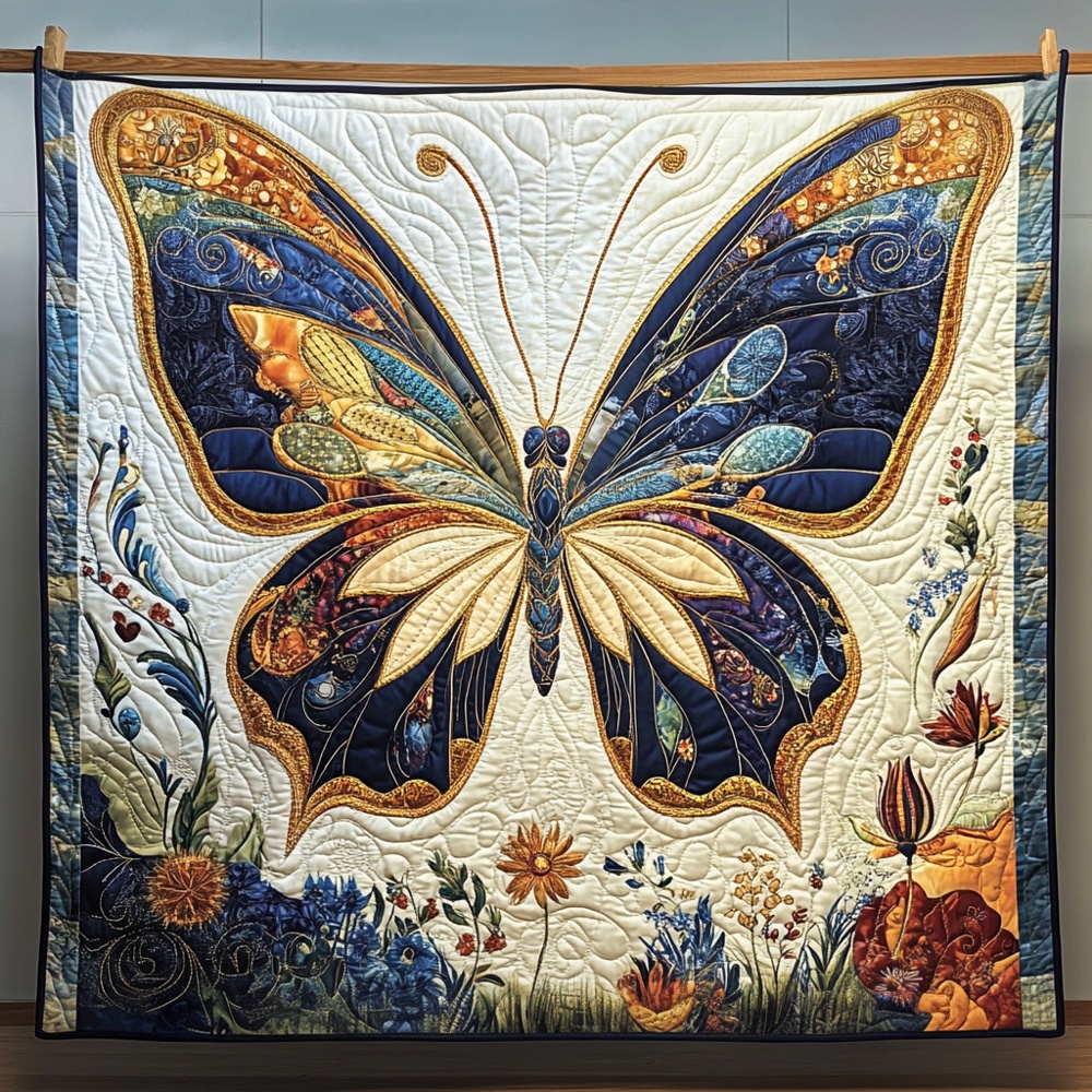 Golden Butterfly Quilted Blanket Elegant Boho Insect Art Cozy Bedding Warm Throw Butterfly Fans