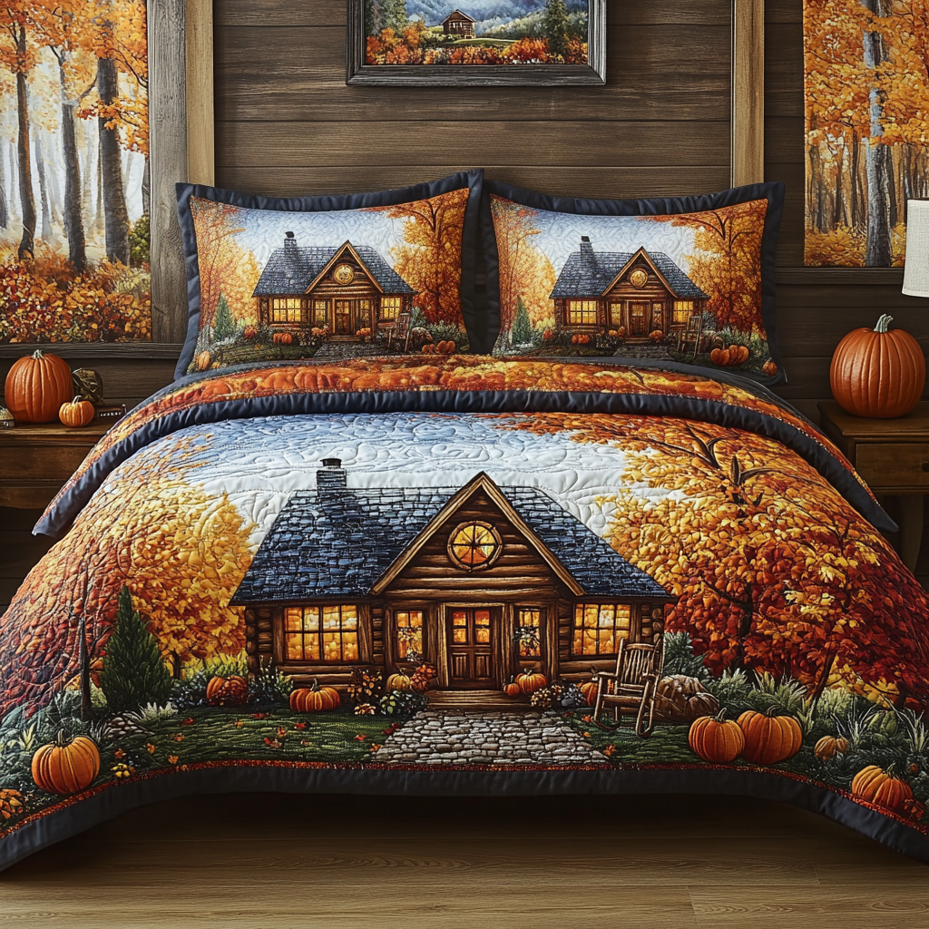 Golden Cabin Quilted Bedding Set Cozy Bedroom Decor Gift Ideas For Fall