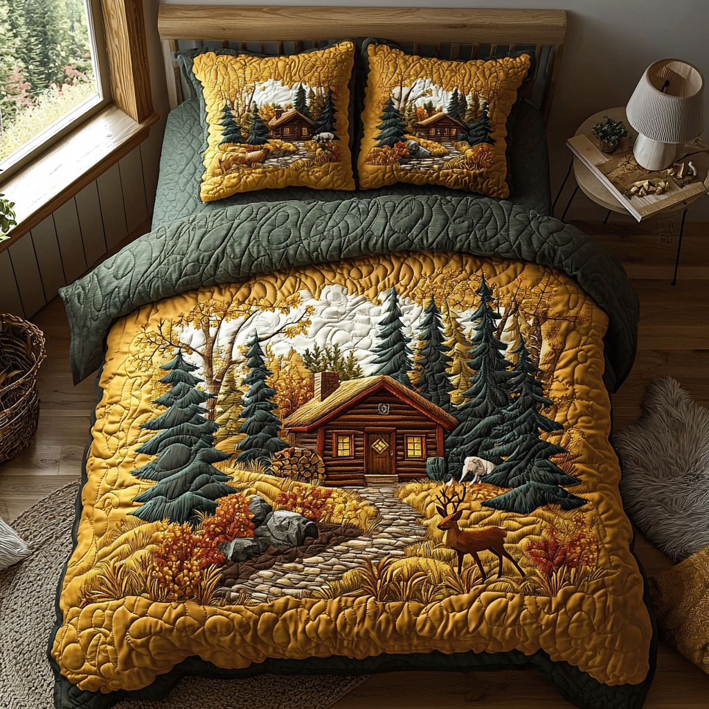 Golden Cabin Quilted Bedding Set Forest Decor Bedroom Christmas Ideas 2025