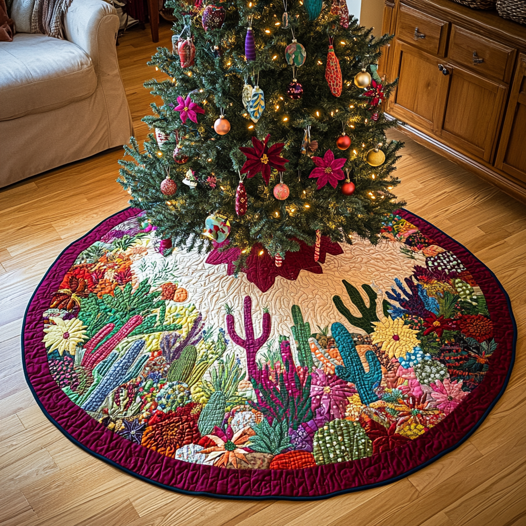 Golden Cactus Christmas Quilted Tree Skirt Holiday Decor Christmas Gifts For Garden Lovers