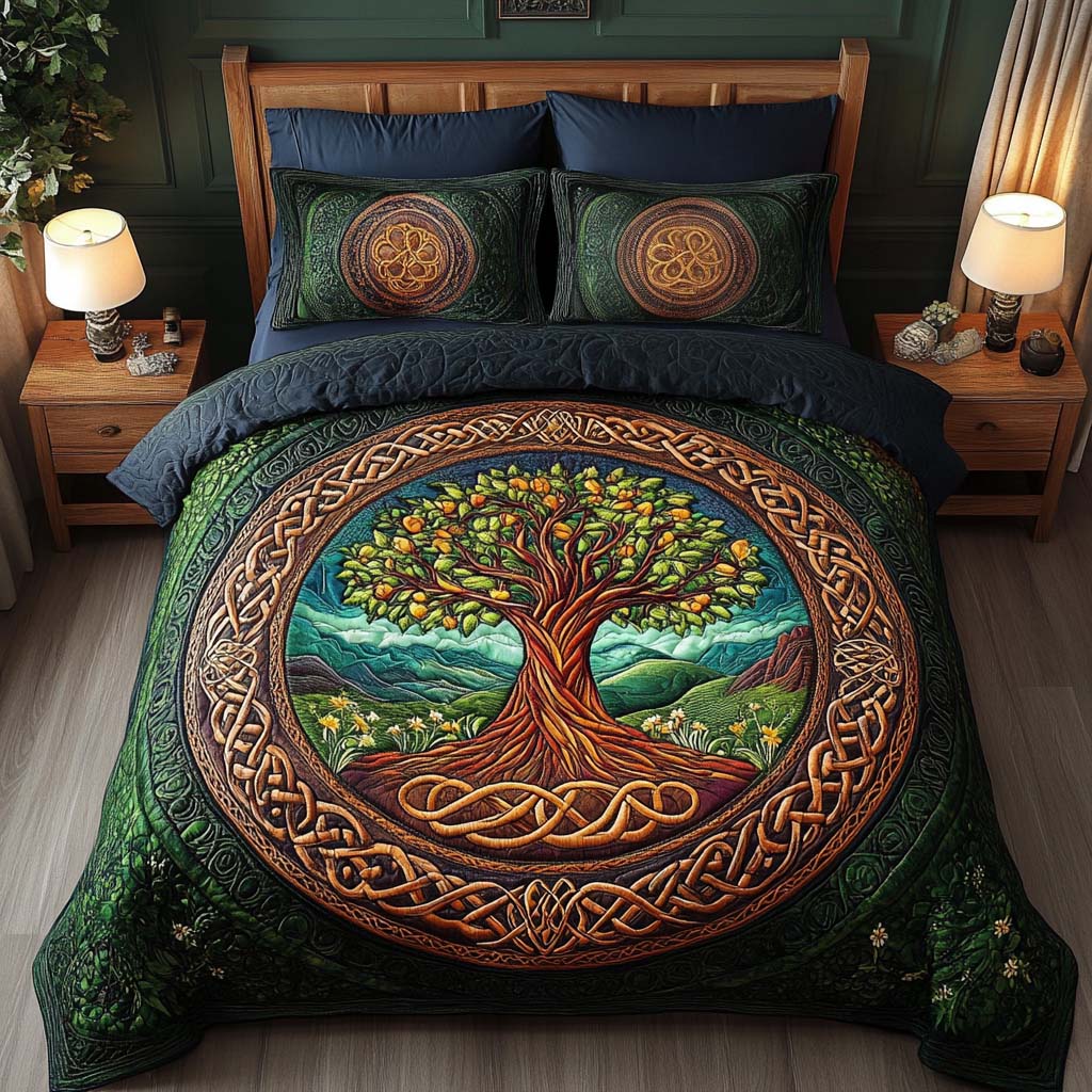 Golden Canopy Quilted Bedding Set Cute Room Decor Tree Of Life Gift Items