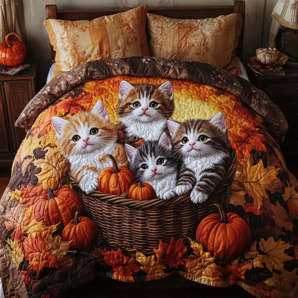 Golden Cat Days Quilted Bedding Set Holiday Season Duvet Cover Set Cool Gifts For Cat Lovers