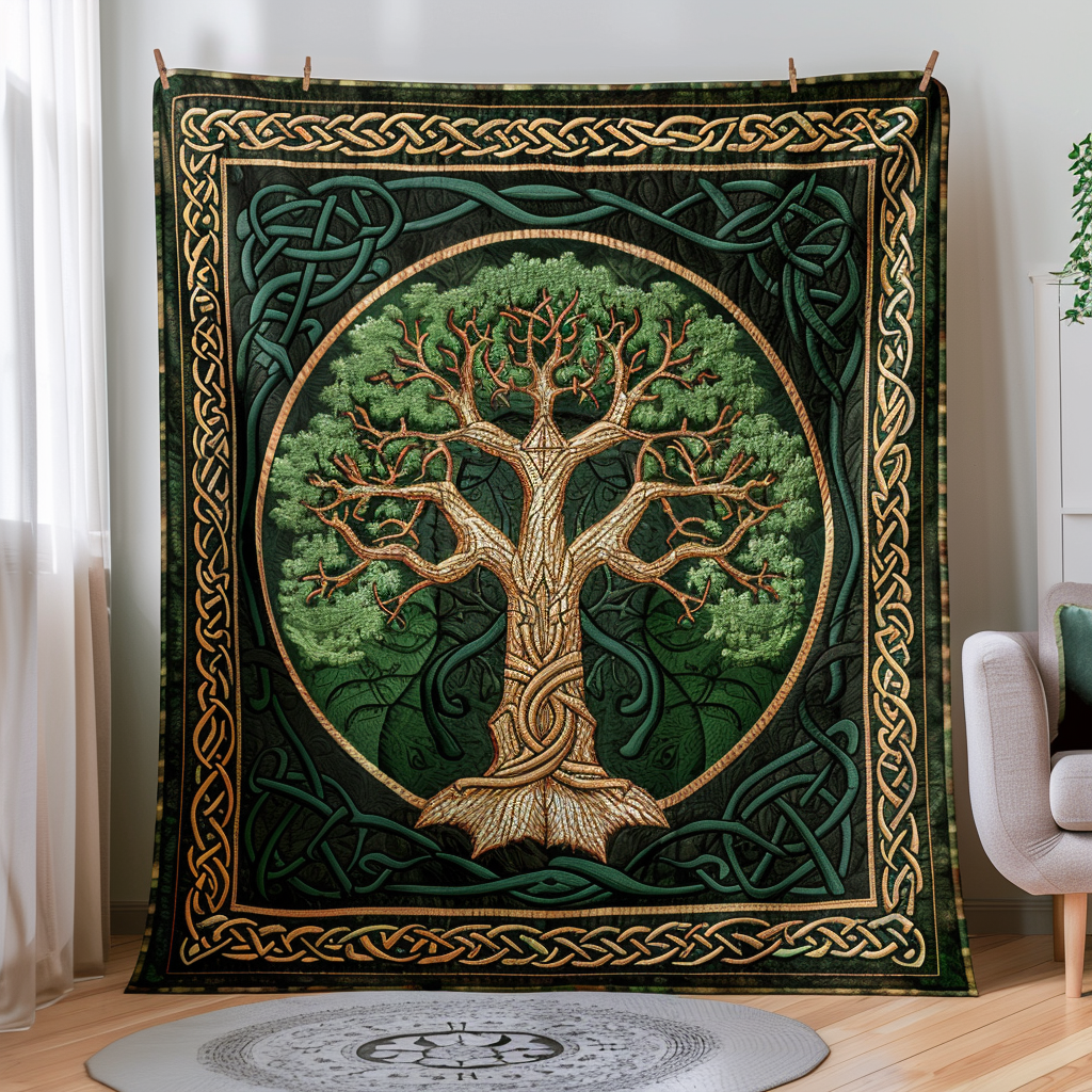 Golden Celtic Tree Of Life Quilted Blanket Life Tree Blanket