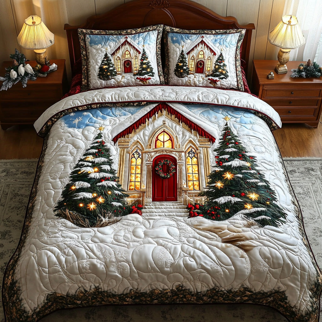 Golden Chapel Glow Quilted Bedding Set Holiday Season Duvet Cover Set Christmas Gifts For Employees