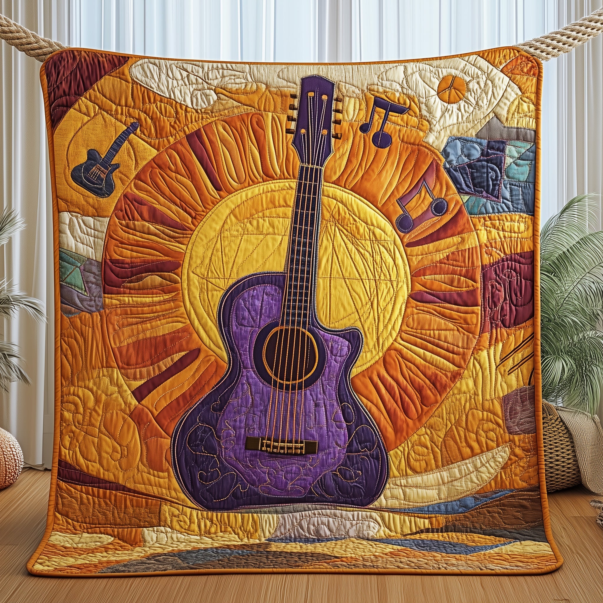 Golden Chords Quilted Blanket Cute Cozy BlanketBirthday Gifts For Guitar Players