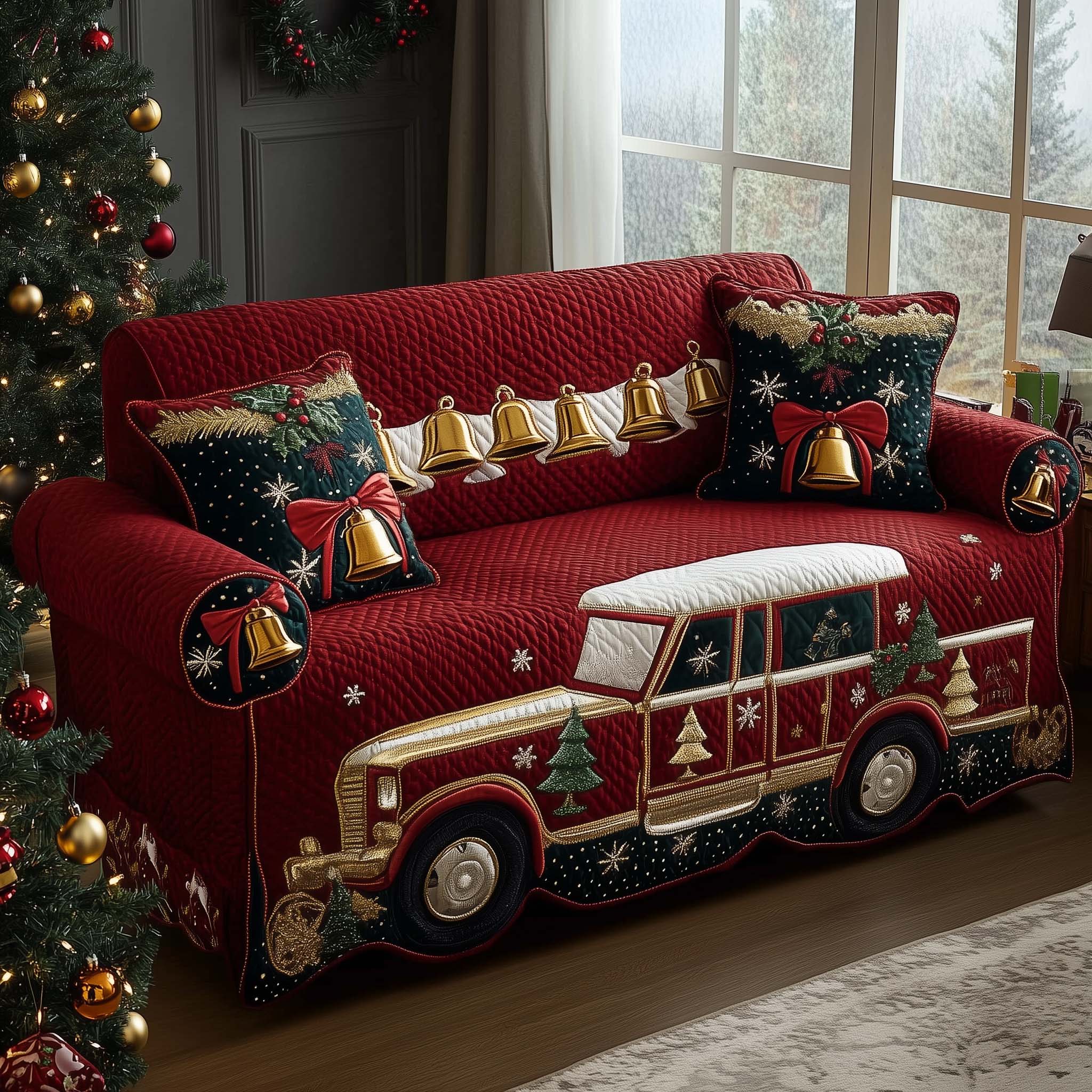 Golden Christmas Bells Truck Quilted Sofa Cover Festive Gold Ornament Vehicle Gift Ideas