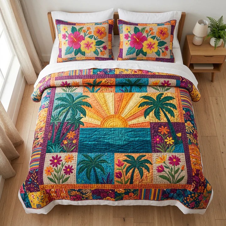 Golden Coast Quilted Bedding Set Coastal Bedroom Decor Cozy Gift For Beach House Lovers