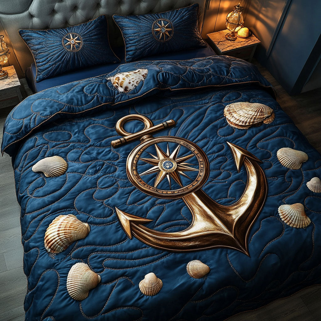 Golden Compass Anchor Quilted Bedding Set Holiday Duvet Cover Set Gifts With Anchors On Them