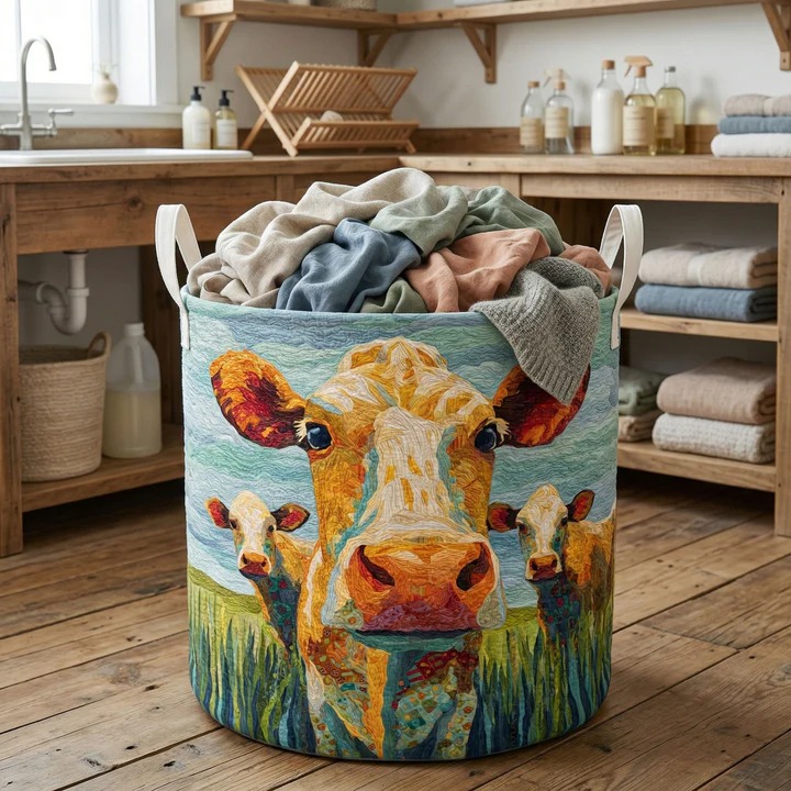Golden Cow Flower Field Sunset Quilted Laundry Basket Farmhouse Home Decor Best Gift For Cow Lovers