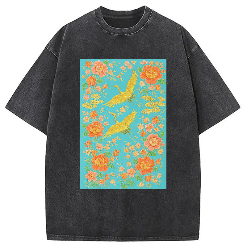 Golden Cranes and Peonies Washed T-Shirt Minimal Retro Graphic Clothing Gifts For Best Friend