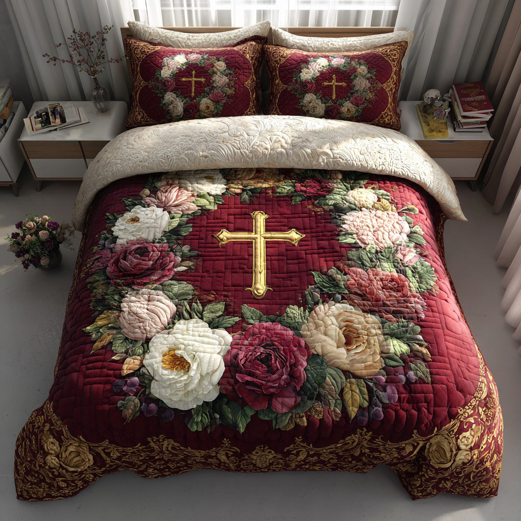 Golden Cross Quilted Bedding Set Soft Bedding Set That Makes a Great Christmas Gift
