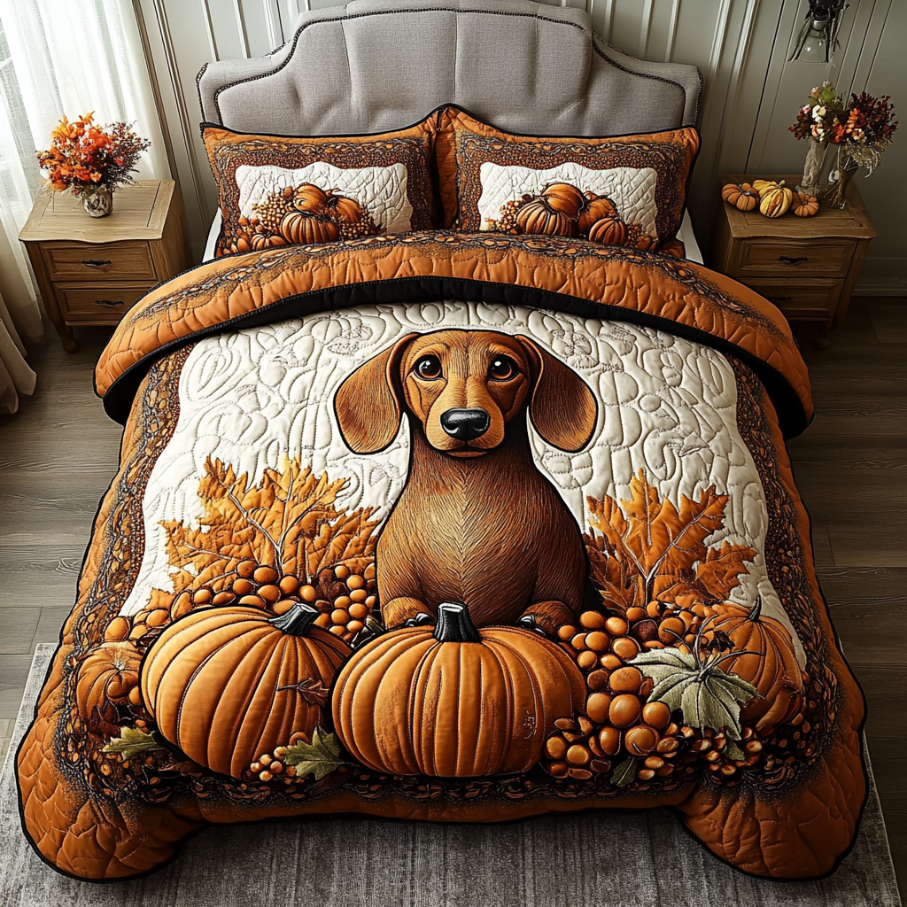 Golden Dachshund Quilted Bedding Set Autumn Themed Bed Sheets Dachshund Themed Gifts
