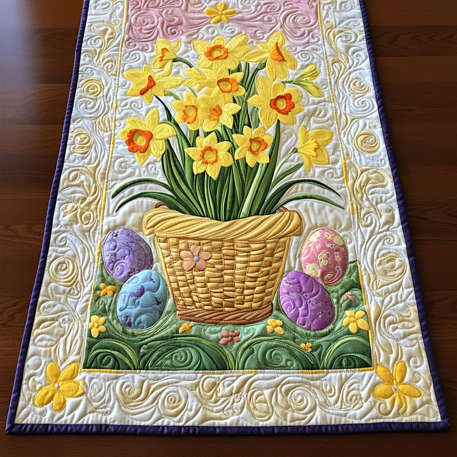 Golden Daffodil Basket Quilted Table Runner Easter Spring Table Runner Unique Gifts For Family