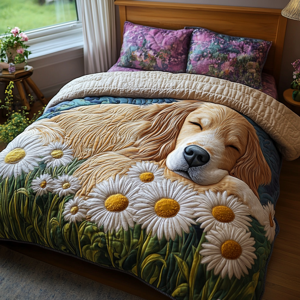 Golden Daisy Quilted Bedding Set Bedroom Decor Ideas Gifts With Golden Retrievers On Them