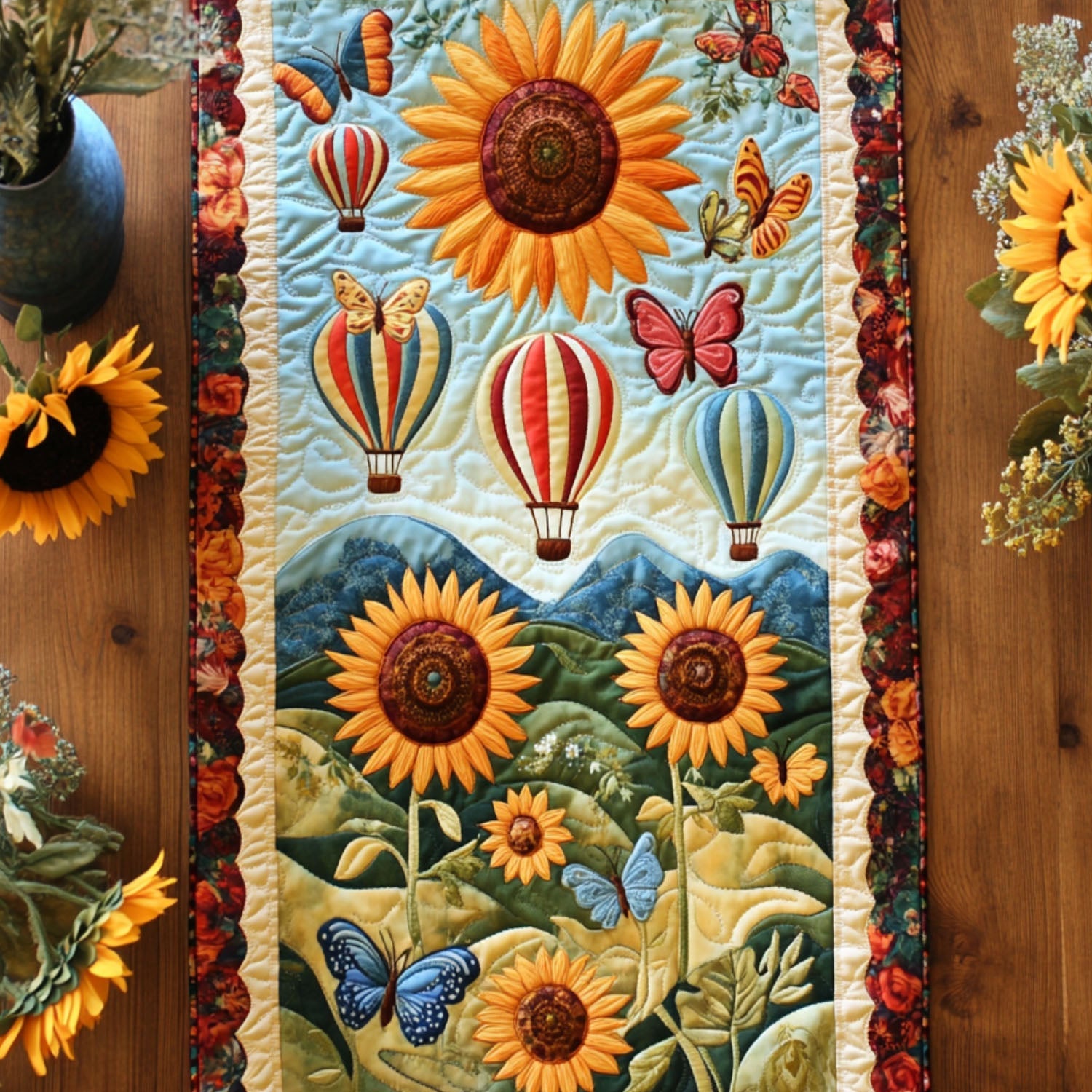 Golden Days Journey Quilted Table Runner Floral Table Runner Dinner Table Decor
