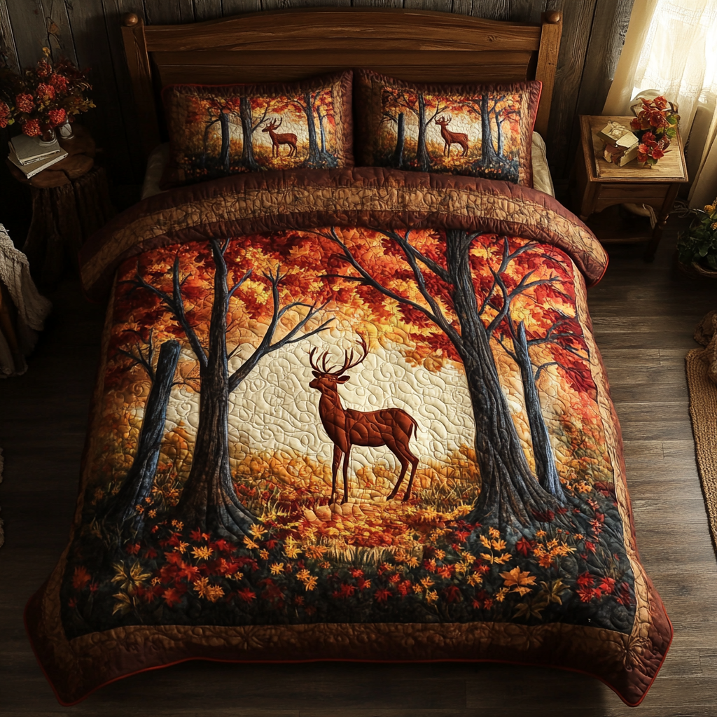 Golden Deer Quilted Bedding Set Autumn Themed Bed Sheets Best Gifts For Fox Lovers