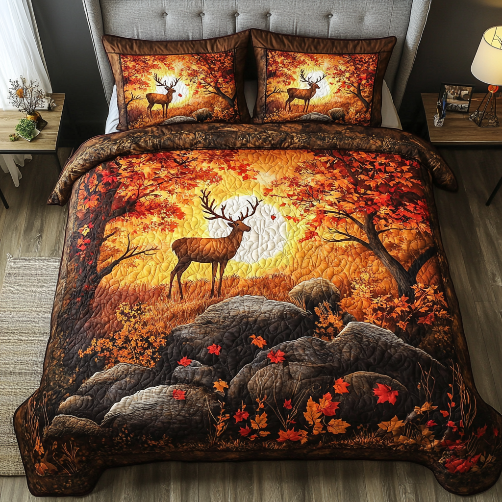 Golden Deer Quilted Bedding Set Bed Room Decoration Fun Fall Gift Ideas