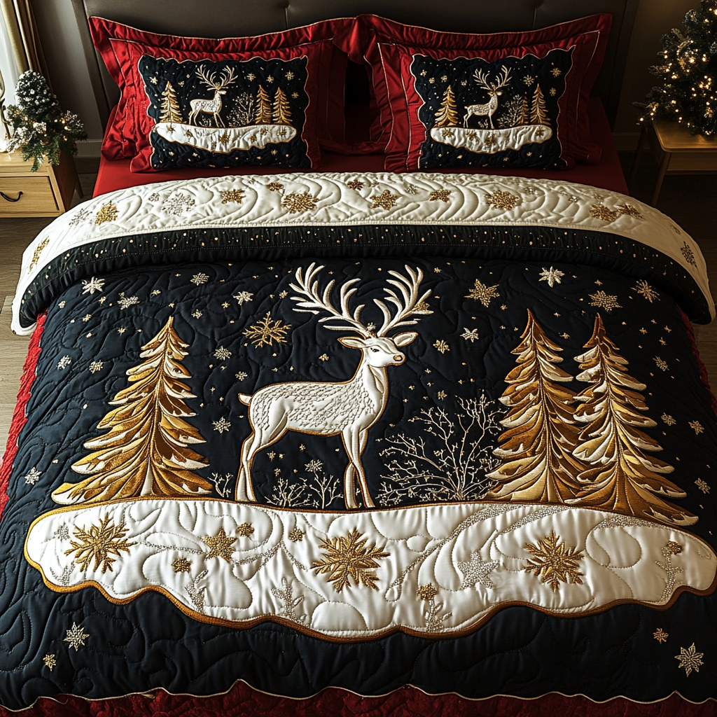 Golden Deer Quilted Bedding Set Forest Bedroom Decor Christmas Gifts For Husband