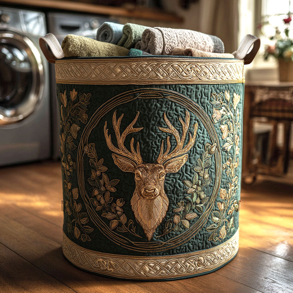 Golden Deer Realm Quilted Laundry Basket Elegant Home Gift Idea with Quilted Laundry Hamper