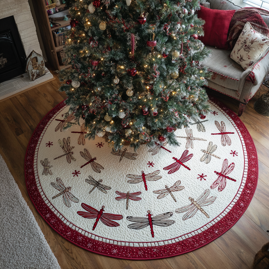 Golden Dragonfly Christmas Quilted Tree Skirt Trendy Quilted Tree Skirt for Stylish Christmas Setup