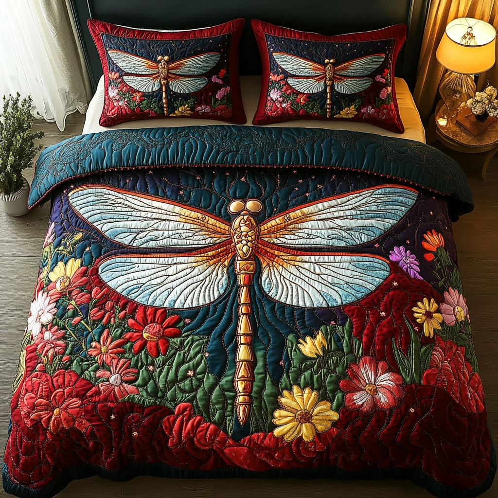 Golden Dragonfly Quilted Bedding Set Aesthetic Room Decor Dragonfly Gifts For Women