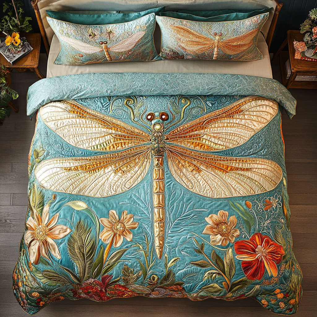 Golden Dragonfly Quilted Bedding Set Bedspread Set Unusual Dragonfly Gifts