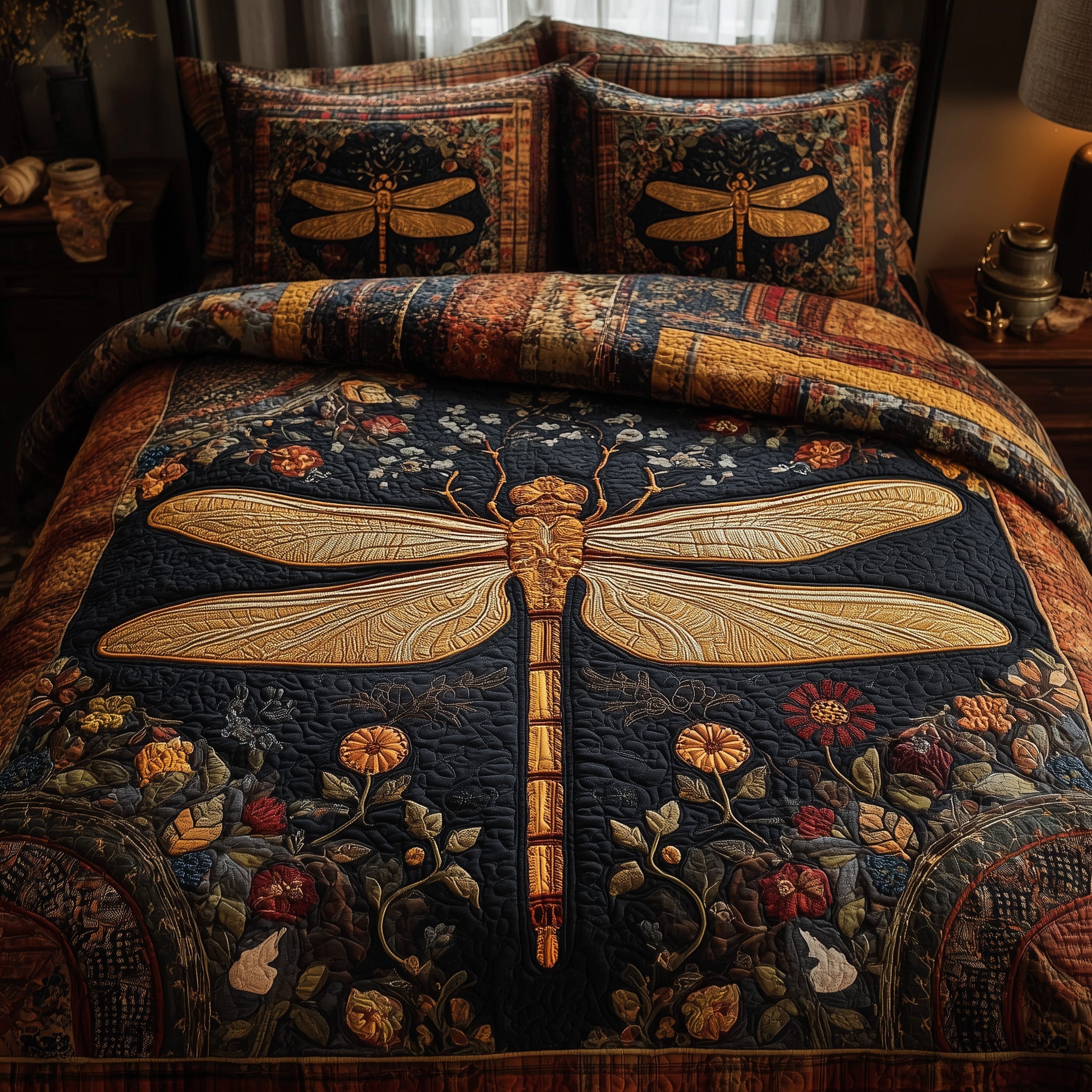 Golden Dragonfly Quilted Bedding Set Birthday Gift