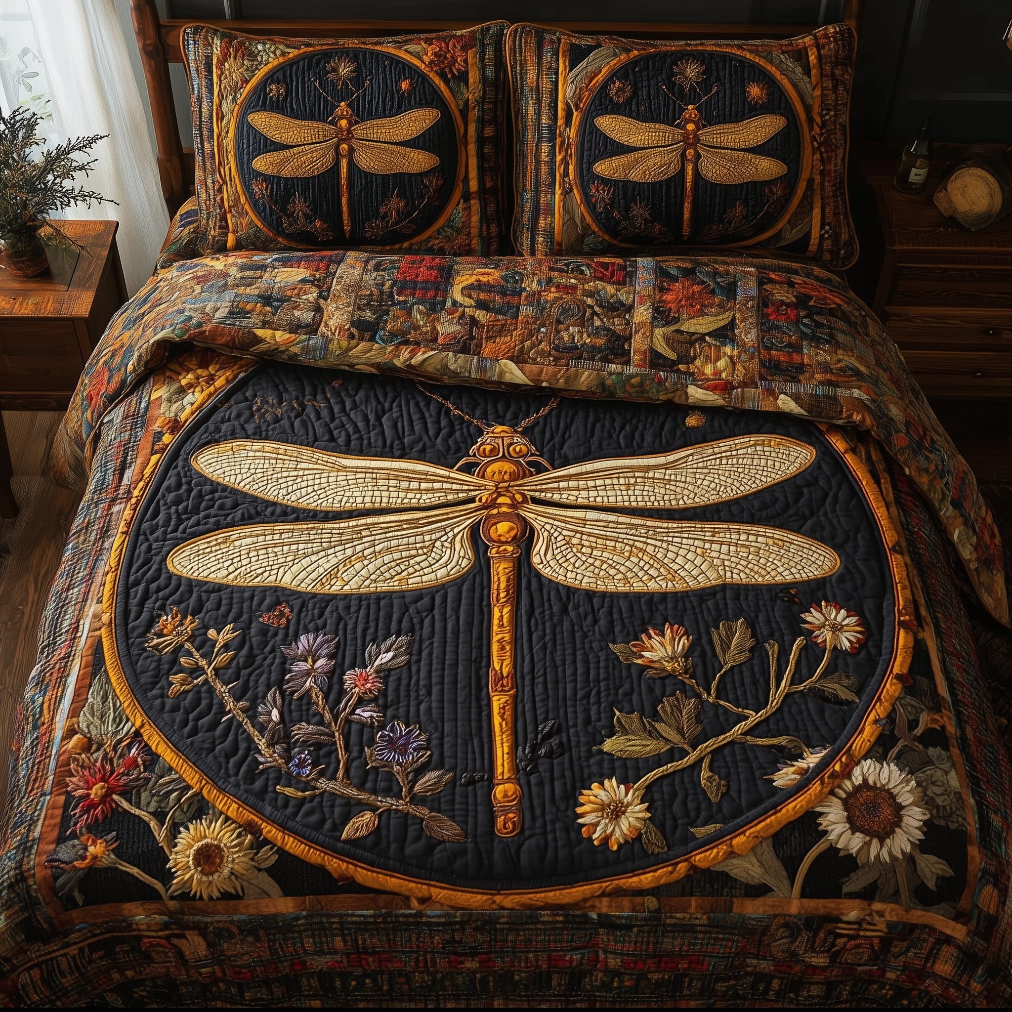 Golden Dragonfly Quilted Bedding Set Holiday Gift