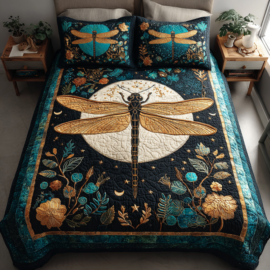 Golden Dragonfly Quilted Bedding Set Luxury Comforter Gift Set for Him or Her