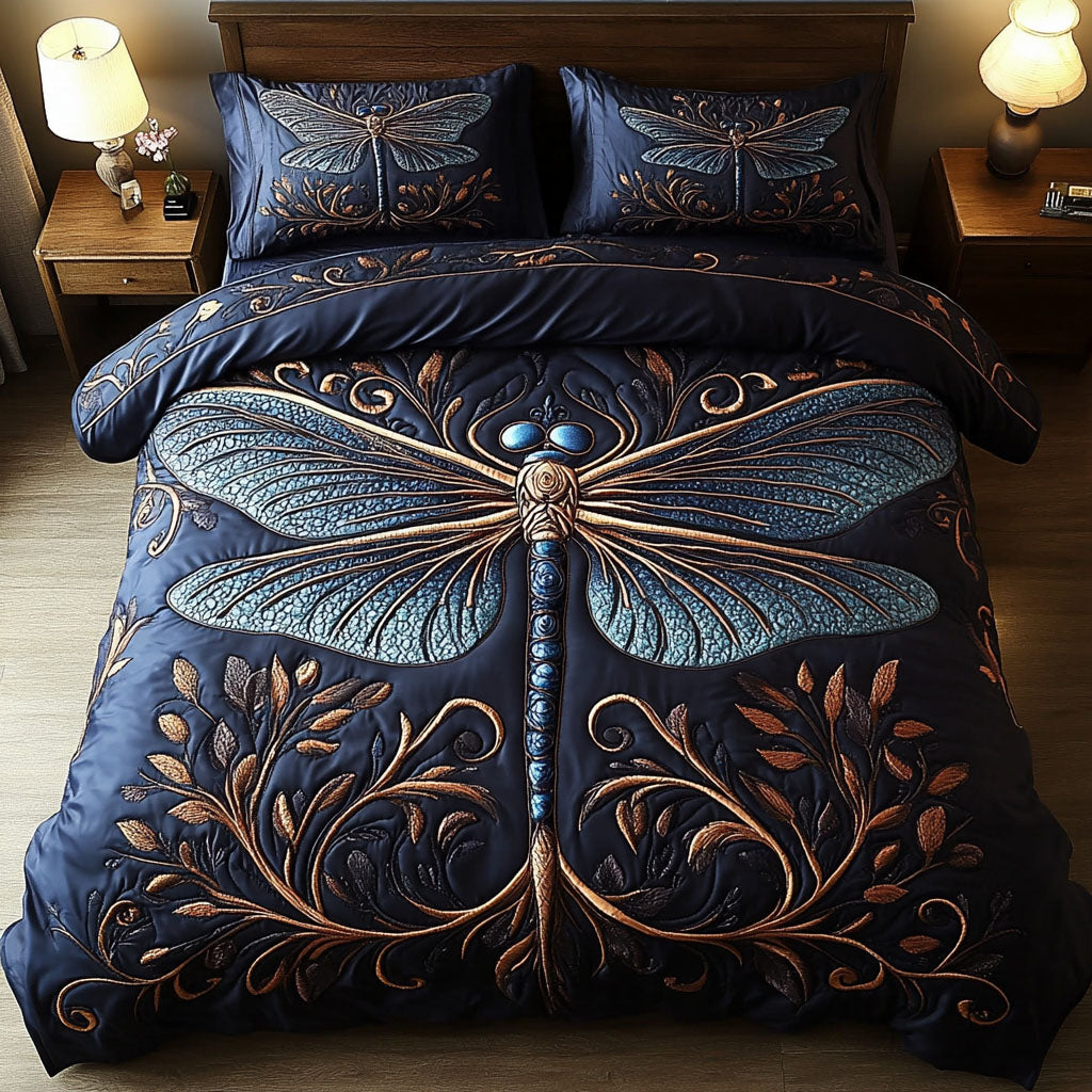 Golden Dragonfly Quilted Bedding Set Twin Comforter Sets Nature Themed Gift For Mom