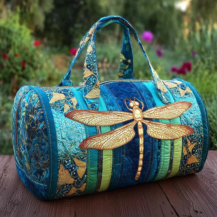 Golden Dragonfly Teal Quilted Duffle Bag Nature Travel Bag Best Gift For Dragonfly Lovers