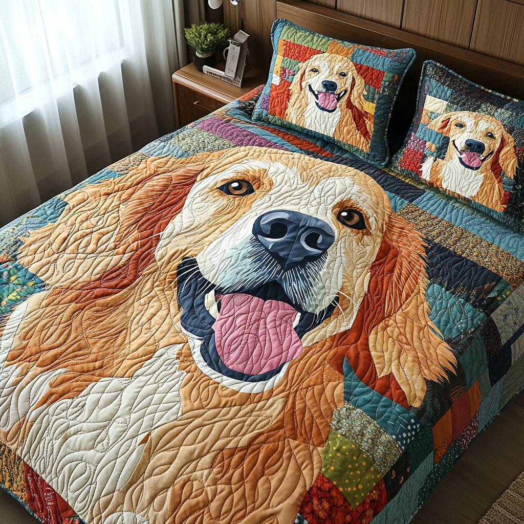Golden Dreams Quilted Bedding Set Holiday Duvet Cover Set Gifts For Someone Who Loves Golden Retrievers