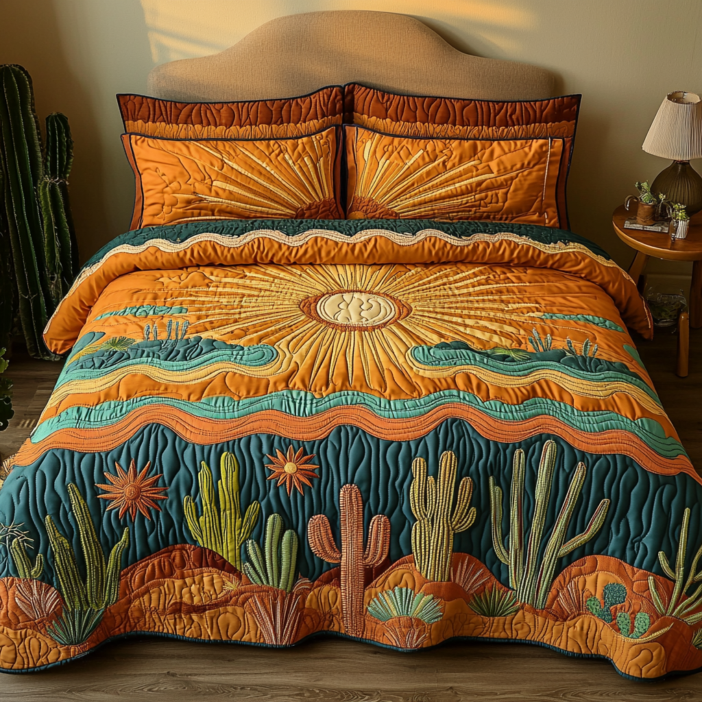 Golden Dunes Quilted Bedding Set Bed Room Decoration Unique Cactus Gifts