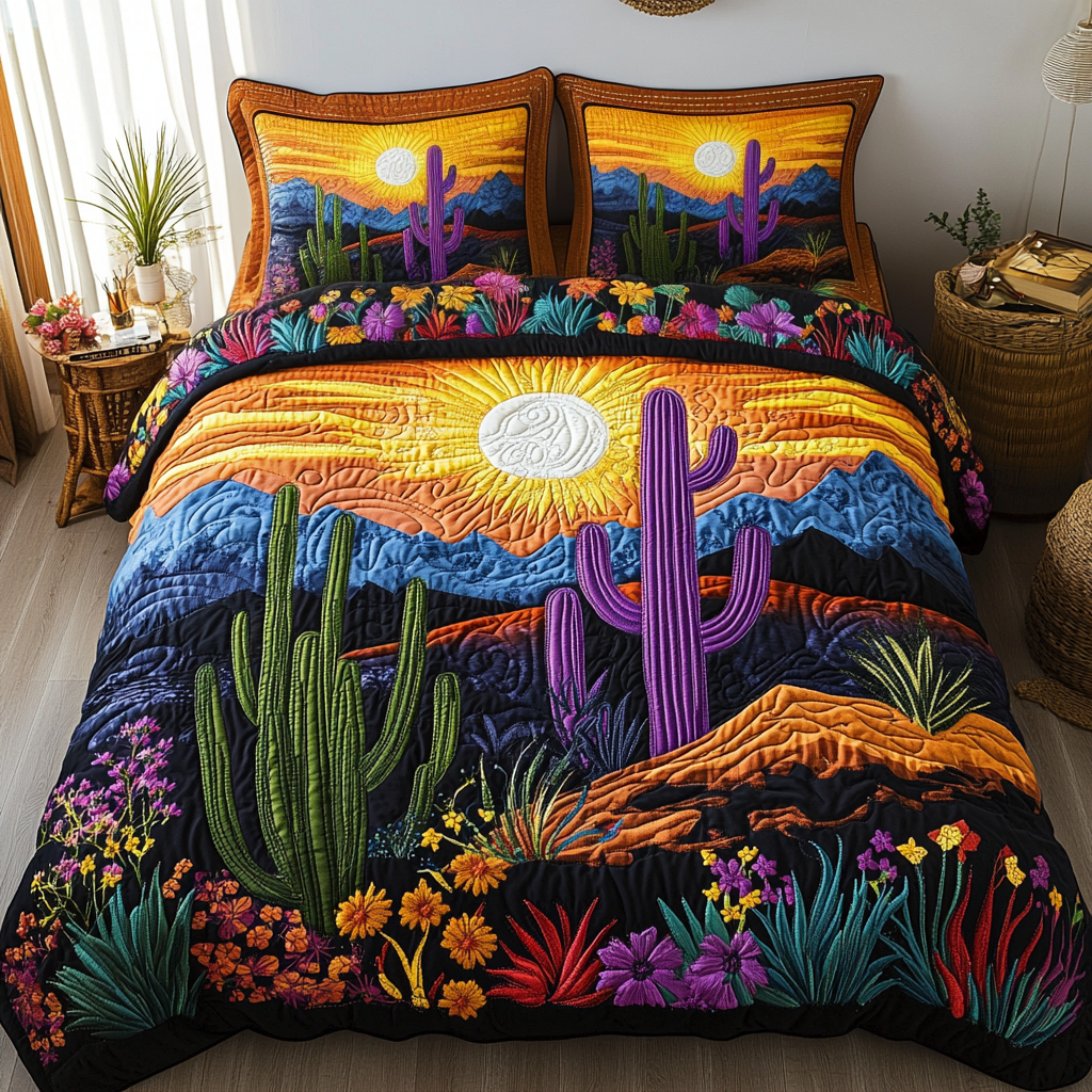 Golden Dusk Quilted Bedding Set Holiday Duvet Cover Set Christmas Cactus Gift