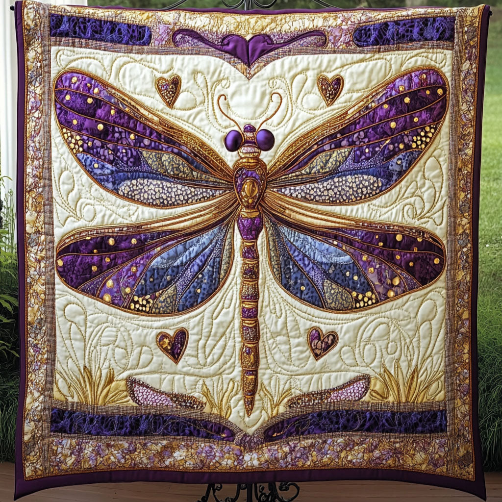 Golden Elegance Quilted Blanket Winter Decor Blanket Gift For Someone Who Loves Dragonflies