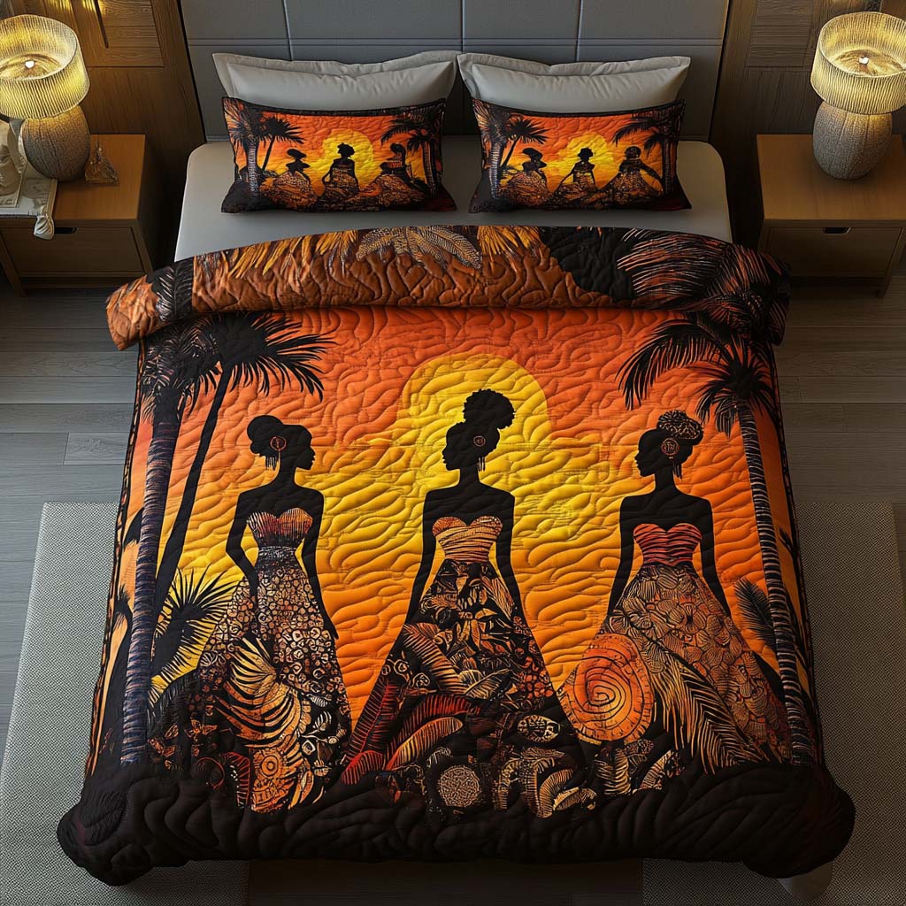 Golden Elegance Sisters Quilted Bedding Set Bed Room Decoration Gifts For Black History Month