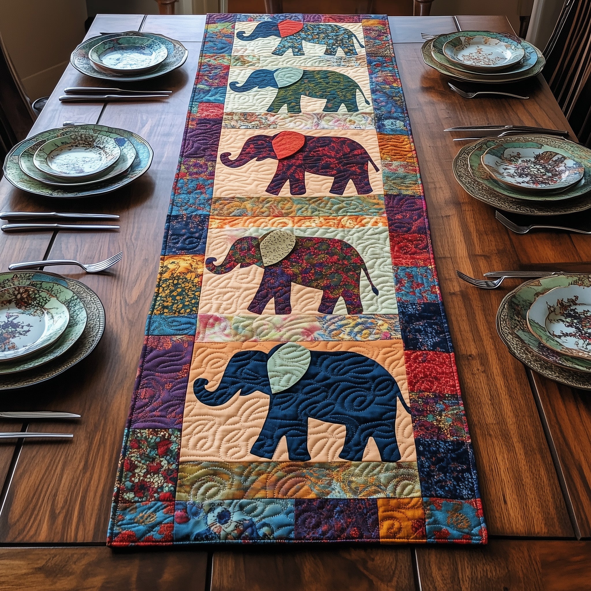 Golden Elephant Trail Quilted Table Runner Winter Table Runner