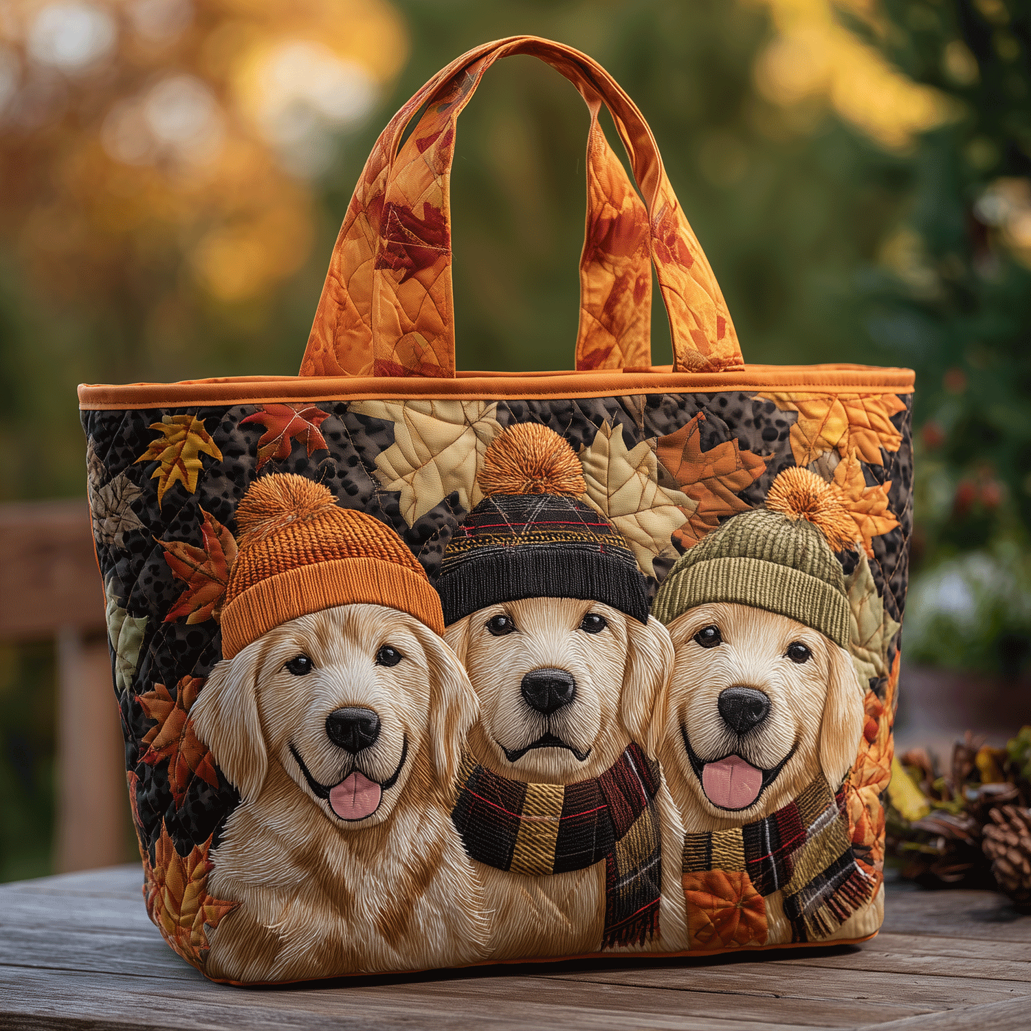Golden Fall Friends Quilted Tote Bag Christmas Presents For Dog Lovers
