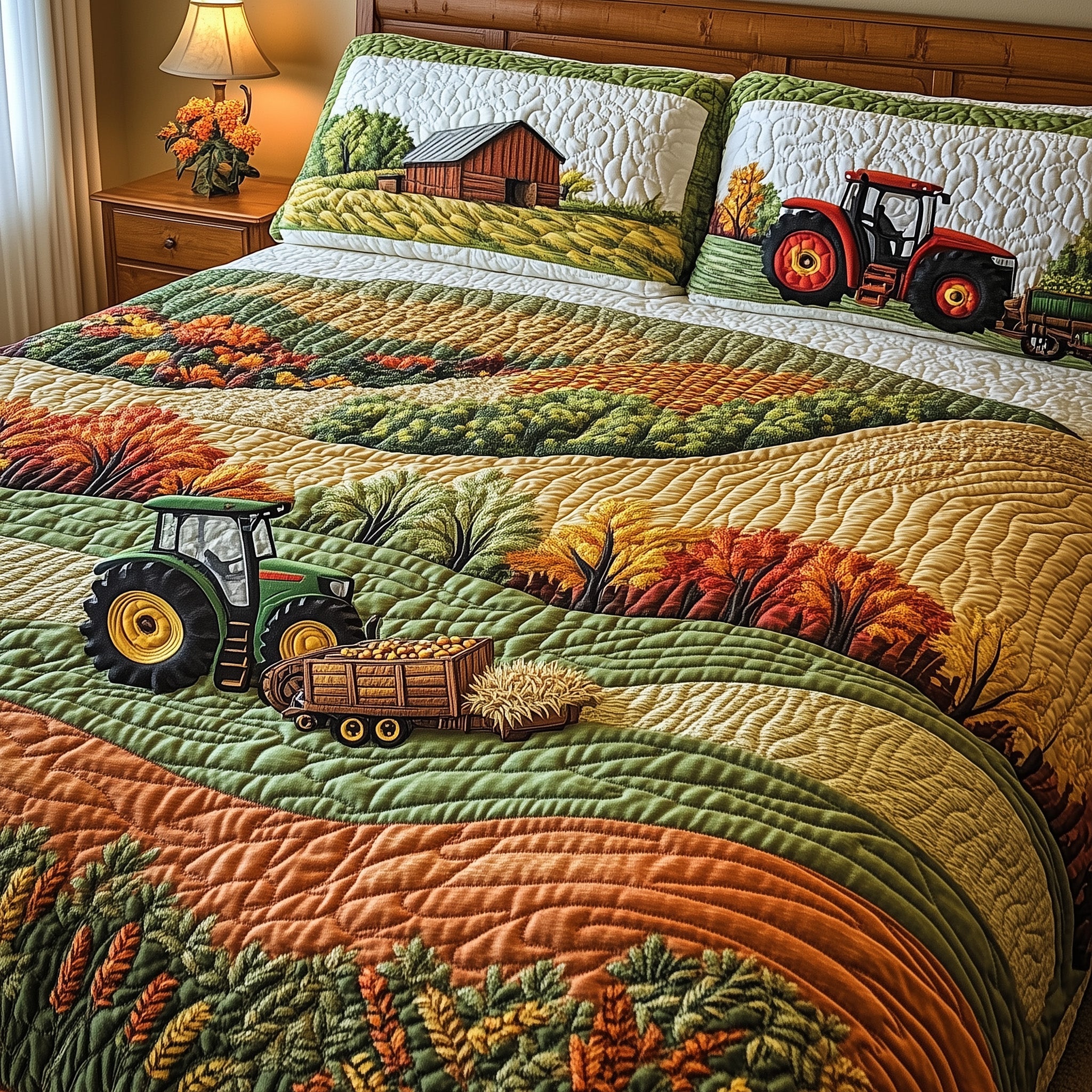 Golden Farm Fields Quilted Bedding Set Duvet Cover Merchandise Best Tractor Gifts Items