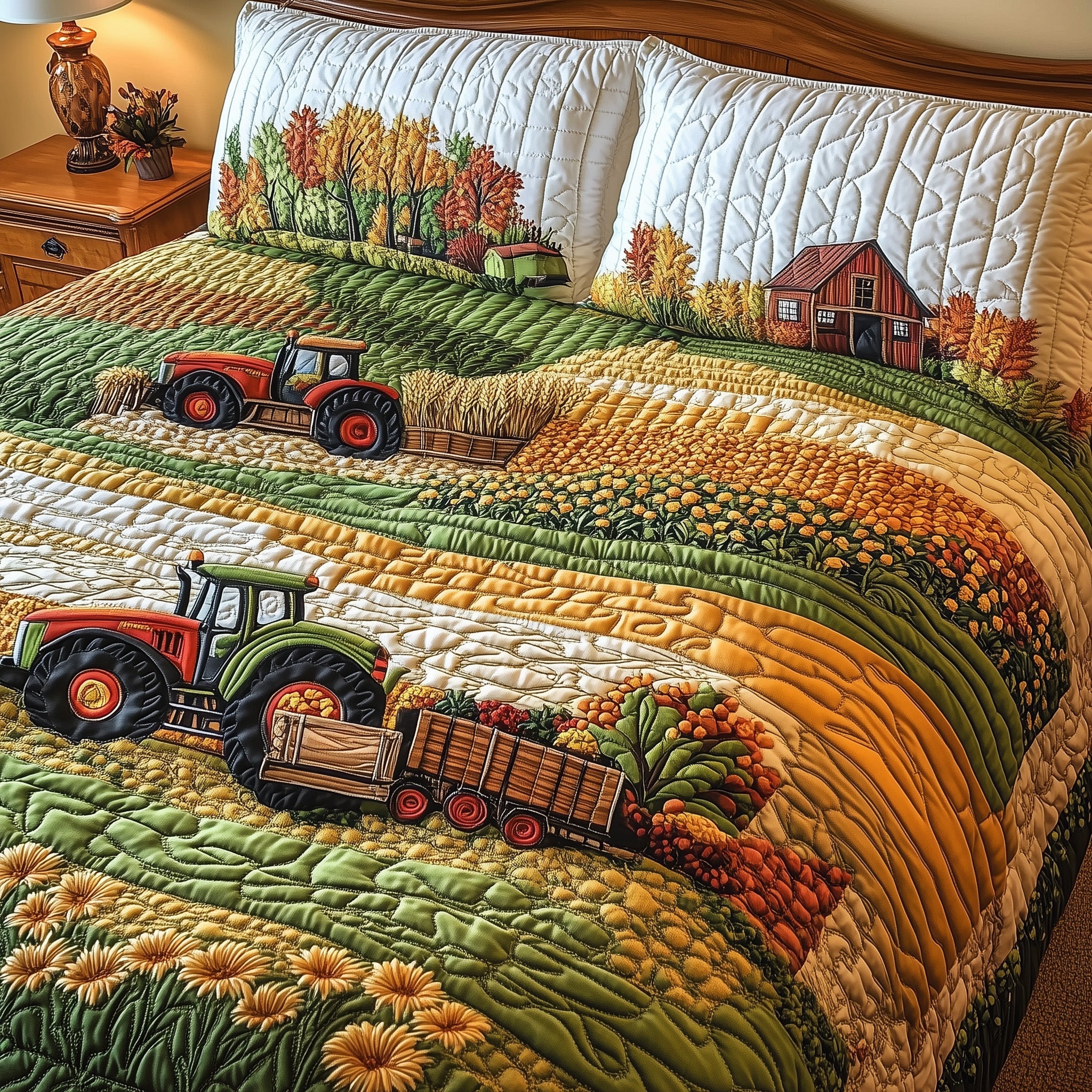 Golden Farm Fields Quilted Bedding Set Duvet Cover Merchandise Christmas Gifts For Tractor Famers