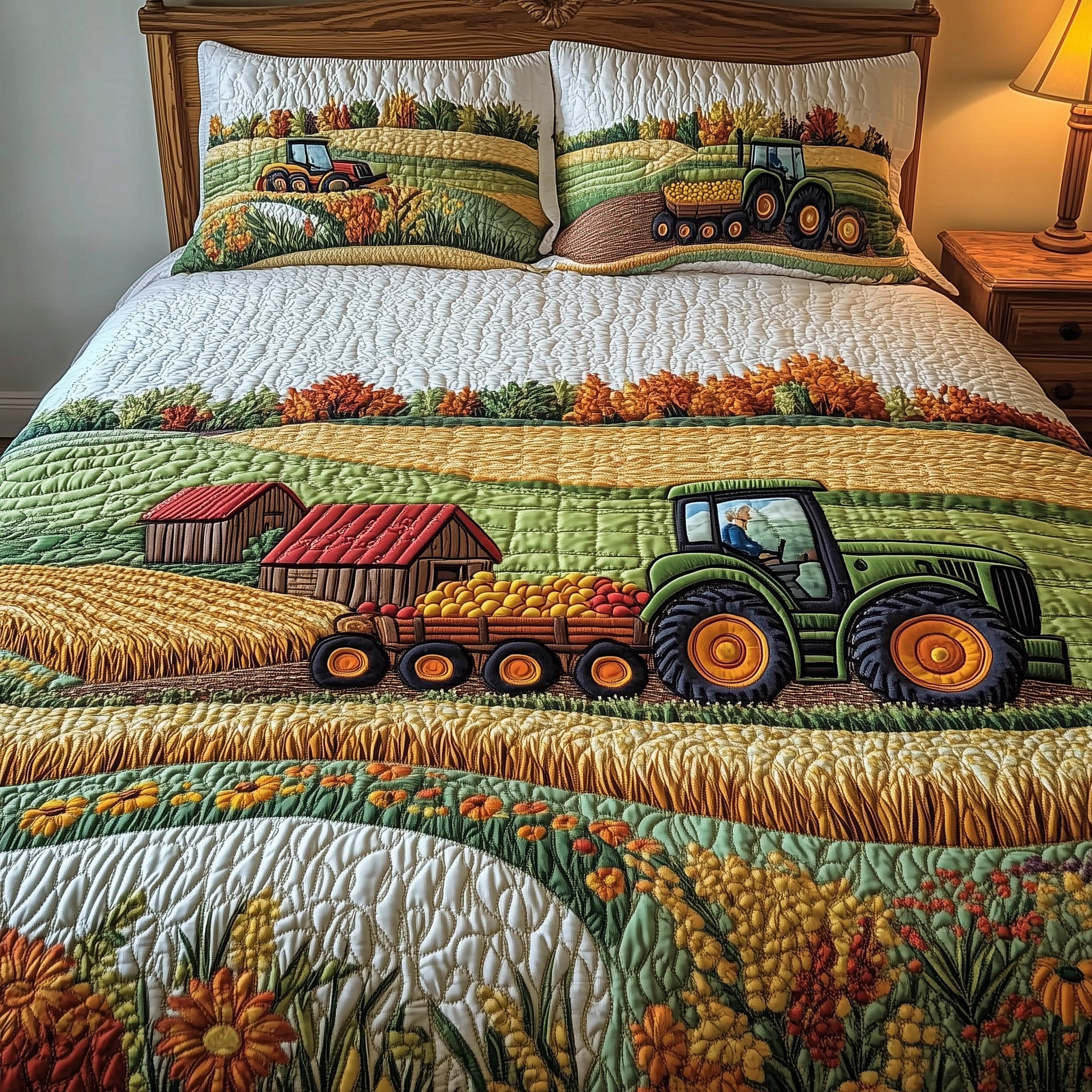 Golden Farm Fields Quilted Bedding Set Duvet Cover Merchandise Farmall Christmas Gifts Tractor