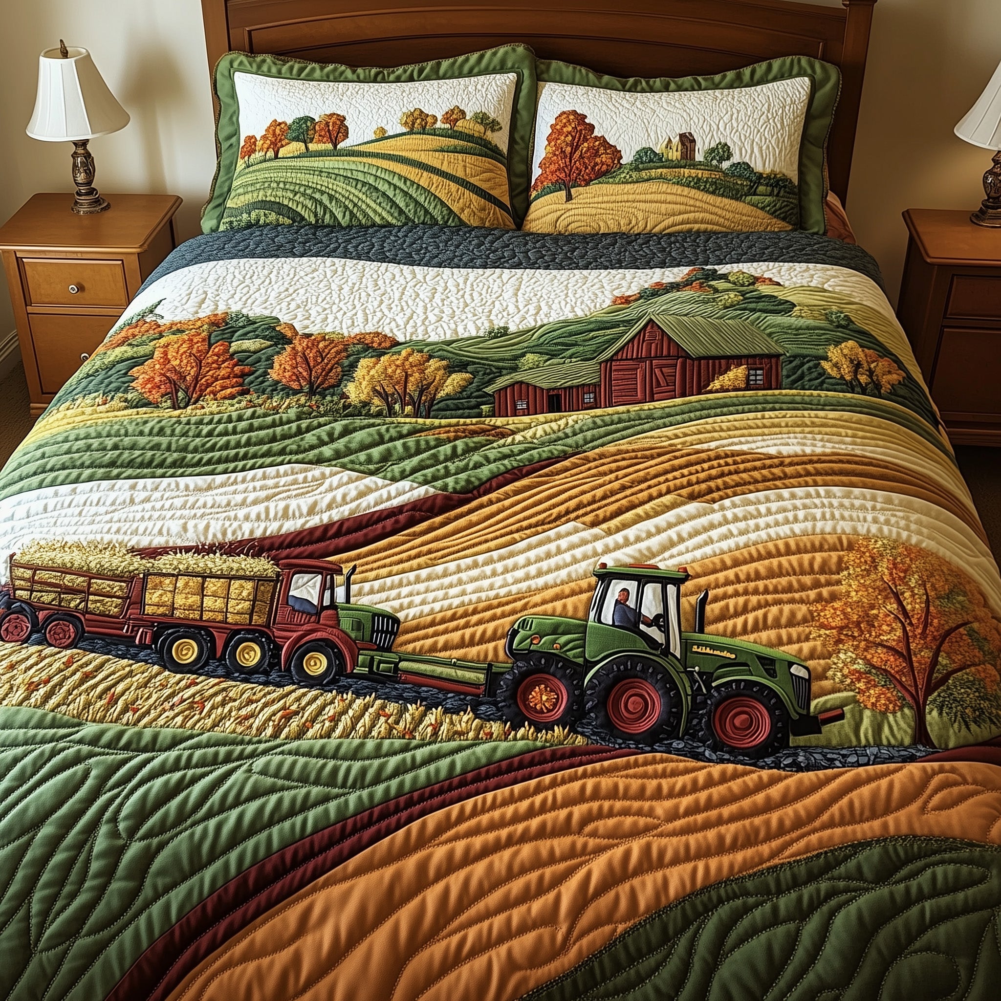 Golden Farm Fields Quilted Bedding Set Duvet Cover Merchandise Gifts For Tractor Drivers
