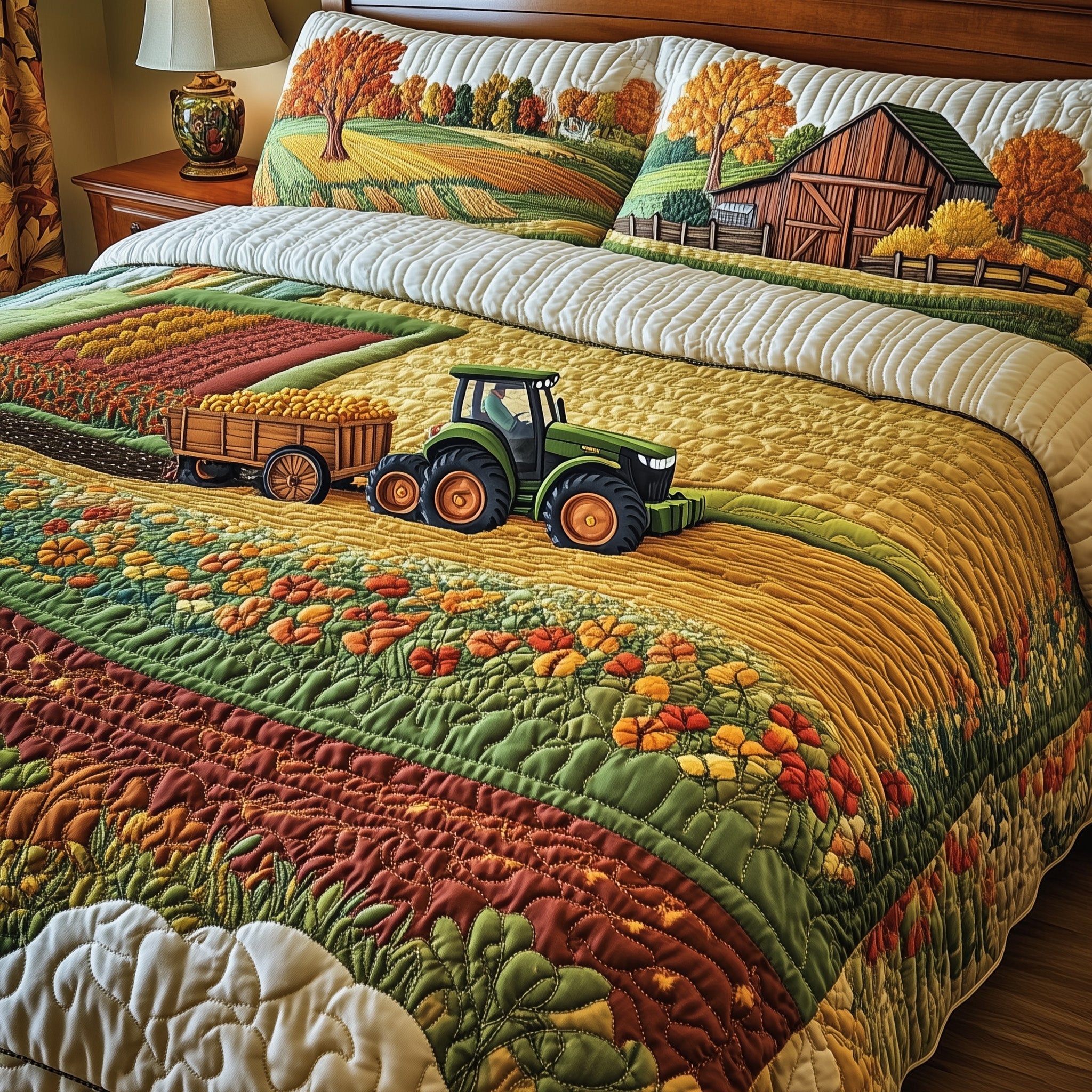 Golden Farm Fields Quilted Bedding Set Duvet Cover Merchandise Gifts For Tractor Owners
